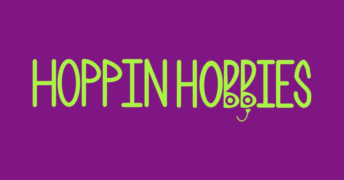 The Hoppin Hobbies logo in lime green on purple